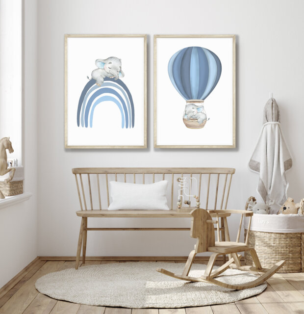 Elephant Nursery Prints Blue Rainbow & Hot Air Balloon, Set Of 2 - image 1