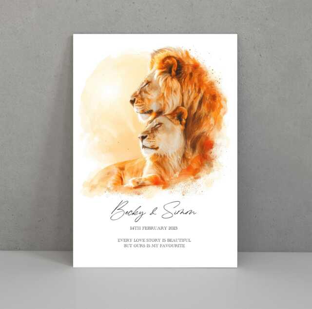 Lion & Lioness Couple Print, Custom Romantic Animal Art, Anniversary, Valentines, Wedding Gift, Watercolor Illustration, Wall Art Home Decor - image 1