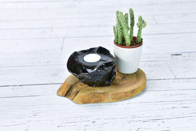 Black Obsidian Tea Light Candle Holder Psychic Protection Stone - image 1
