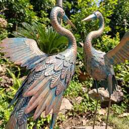 Metal Heron Garden Statue Set Of 2 - Large Crane Bird Sculpture, Outdoor Yard Art, Patio Decor, Standing Figurine, Housewarming Gift - thumbnail 2