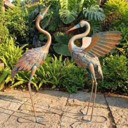 Metal Heron Garden Statue Set Of 2 - Large Crane Bird Sculpture, Outdoor Yard Art, Patio Decor, Standing Figurine, Housewarming Gift - thumbnail 1