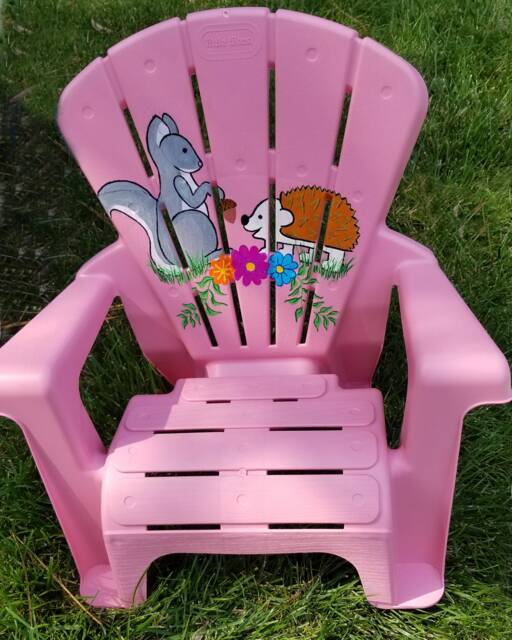 Squirrel Meets Hedgehog Hand Painted On Pink Chair- Kid's/ Toddler Chair - Story-Time Time-Out Farmhouse Decor Customizable - image 1