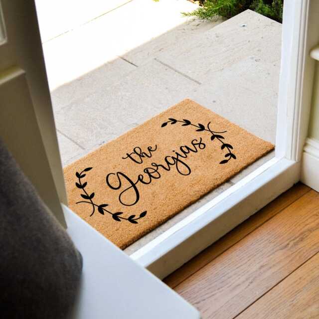 Cute Leaf Border Handwritten Family Name Gift Door Mat - Personalized Doormat Customized Welcome Feminine Housewarming - image 1