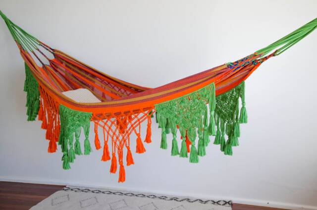 Lightweight Indoor/ Outdoor Macrame Double Hammock in Tropical Green & Bright Orange - image 1