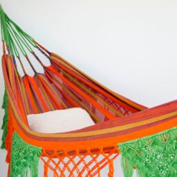 Lightweight Indoor/ Outdoor Macrame Double Hammock in Tropical Green & Bright Orange - thumbnail 4