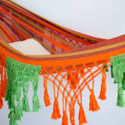 Lightweight Indoor/ Outdoor Macrame Double Hammock in Tropical Green & Bright Orange - thumbnail 2