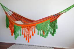 Lightweight Indoor/ Outdoor Macrame Double Hammock in Tropical Green & Bright Orange - thumbnail 1