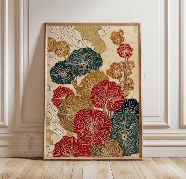 Red Teal Floral Poster Print - Japanese Botanical Wall Art Textured Vintage Style Illustration - image 1