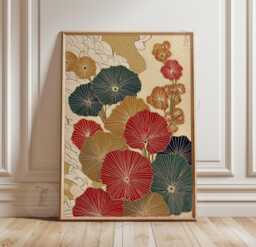 Red Teal Floral Poster Print - Japanese Botanical Wall Art Textured Vintage Style Illustration - thumbnail 1