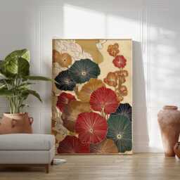 Red Teal Floral Poster Print - Japanese Botanical Wall Art Textured Vintage Style Illustration - thumbnail 3