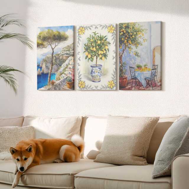 Canvas Set Of 3 Wall Art - Sea Views With Lemon Trees, Yellow Large Art, Landscapes Decor - image 1