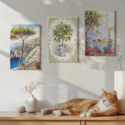 Canvas Set Of 3 Wall Art - Sea Views With Lemon Trees, Yellow Large Art, Landscapes Decor - thumbnail 3