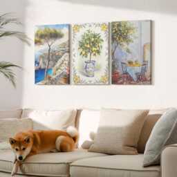 Canvas Set Of 3 Wall Art - Sea Views With Lemon Trees, Yellow Large Art, Landscapes Decor - thumbnail 1