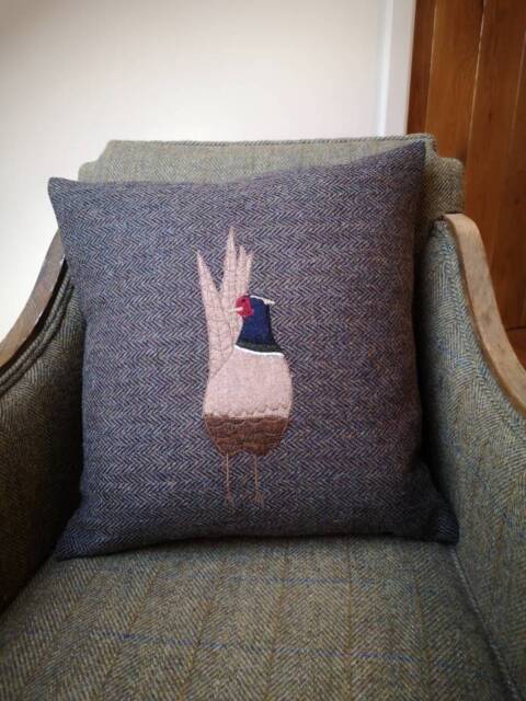 Big Hand Crafted Harris Tweed Pheasant Embroidered Cushion Cover - image 1