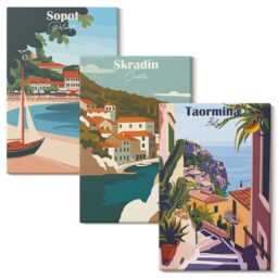 3 Piece Canvas Set - Seaside City Views Stylish Illustrations, Multicolored Wall Art, Travels Hanging - thumbnail 2