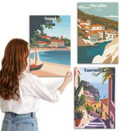 3 Piece Canvas Set - Seaside City Views Stylish Illustrations, Multicolored Wall Art, Travels Hanging - thumbnail 3