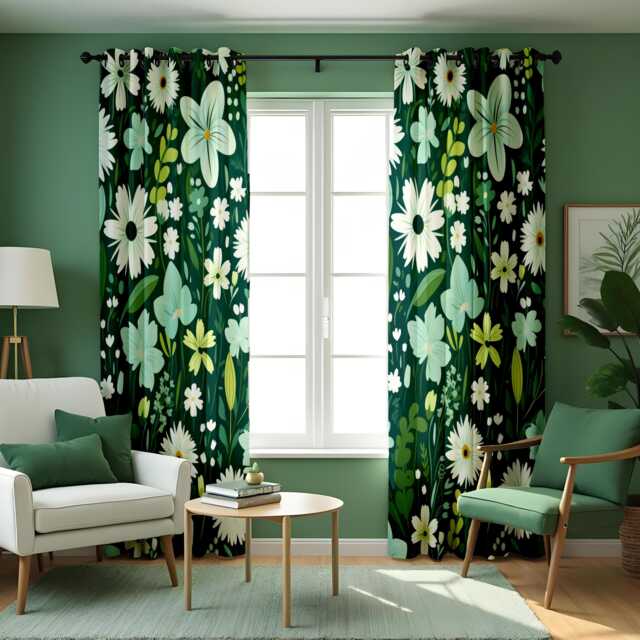 Dark Green Daisy Floral Curtains, White Wildflower Botanical Drapes, Spring Garden Pattern Window Panels - image 1