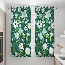 Dark Green Daisy Floral Curtains, White Wildflower Botanical Drapes, Spring Garden Pattern Window Panels - thumbnail 3