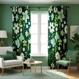 Dark Green Daisy Floral Curtains, White Wildflower Botanical Drapes, Spring Garden Pattern Window Panels