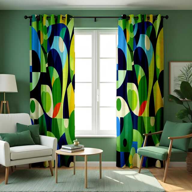 Retro Geometric Curtains, Vibrant Abstract Print Drapes in Blue Green Yellow Tones, Custom Made Window Panels For Modern Home Decor - image 1