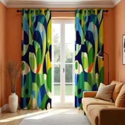 Retro Geometric Curtains, Vibrant Abstract Print Drapes in Blue Green Yellow Tones, Custom Made Window Panels For Modern Home Decor - thumbnail 3