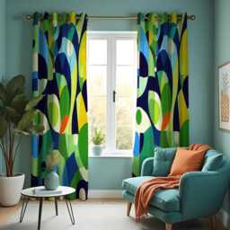 Retro Geometric Curtains, Vibrant Abstract Print Drapes in Blue Green Yellow Tones, Custom Made Window Panels For Modern Home Decor - thumbnail 2