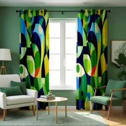 Retro Geometric Curtains, Vibrant Abstract Print Drapes in Blue Green Yellow Tones, Custom Made Window Panels For Modern Home Decor