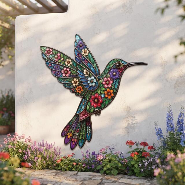 Colorful Hummingbird Metal Wall Art, Stained Glass Style Bird Decor, Floral Hanging - image 1