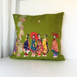 Geisha Pillow Case, Girls Bedding Throw, Japanese Fabric Cover, Geisha Doll Kimono Set, Cotton Cover - thumbnail 2