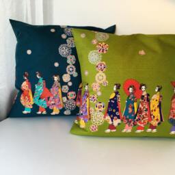 Geisha Pillow Case, Girls Bedding Throw, Japanese Fabric Cover, Geisha Doll Kimono Set, Cotton Cover - thumbnail 4