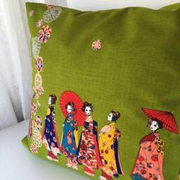 Geisha Pillow Case, Girls Bedding Throw, Japanese Fabric Cover, Geisha Doll Kimono Set, Cotton Cover - thumbnail 3