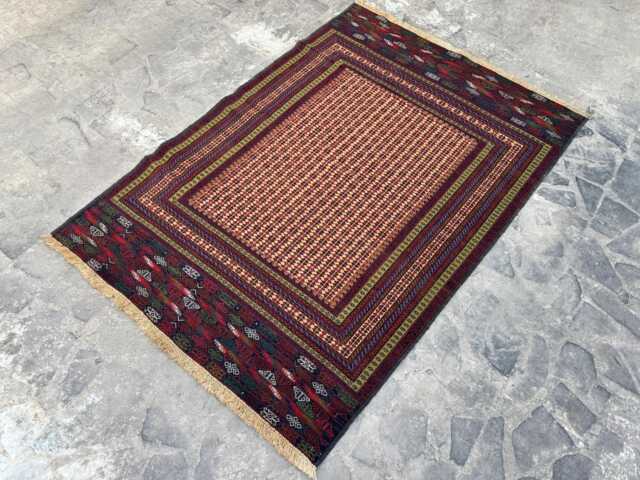 4'3x6Ft Afghan Baluchi Rug - Handmade Wool Carpet With Green & Red Tribal Borders Vintage Geometric Pattern Oriental Area - image 1