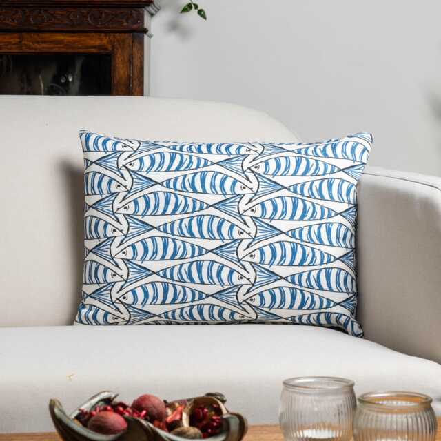 Blue & White Sardine Boudoir Cushion. Seaside Fish Nautical Design in Navy Indigo Blue. 17x12 - image 1