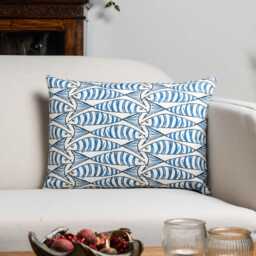 Blue & White Sardine Boudoir Cushion. Seaside Fish Nautical Design in Navy Indigo Blue. 17x12