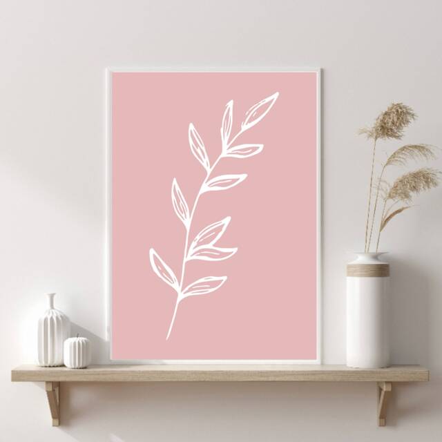 Botanical Line Art, Leaf Print, Minimalist Boho Wall Prints, Minimal Pastel Pink Decor, Home Prints - image 1