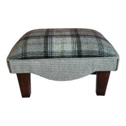 Footstool in Black & Grey Tartan Fabric On Mahogany Solid Wood Legs - thumbnail 1