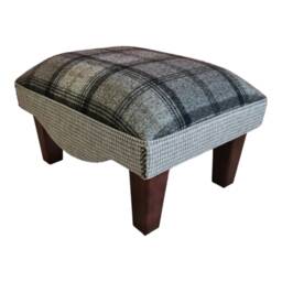 Footstool in Black & Grey Tartan Fabric On Mahogany Solid Wood Legs - thumbnail 2