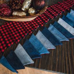 Tree Wall Hanging // Table Runner Buffalo Plaid Denim Reversible - thumbnail 2