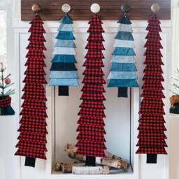 Tree Wall Hanging // Table Runner Buffalo Plaid Denim Reversible - thumbnail 1