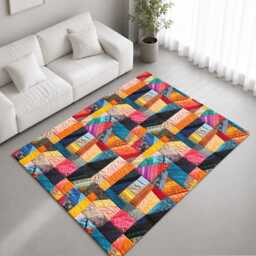 Multicolour Geometric Patchwork Rug Non-Slip Soft Area Carpet Bedroom Living Room Hallway Mat Decor - Made in UK