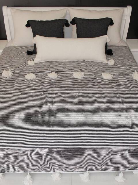 Moroccan Black & White Tassel Throw Blanket With Pom Poms - Striped Duvet Cover Blanket, Hand Woven Cotton Couch Bed End - image 1