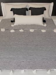 Moroccan Black & White Tassel Throw Blanket With Pom Poms - Striped Duvet Cover Blanket, Hand Woven Cotton Couch Bed End - thumbnail 1