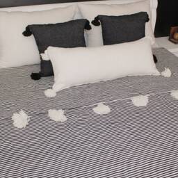 Moroccan Black & White Tassel Throw Blanket With Pom Poms - Striped Duvet Cover Blanket, Hand Woven Cotton Couch Bed End - thumbnail 2