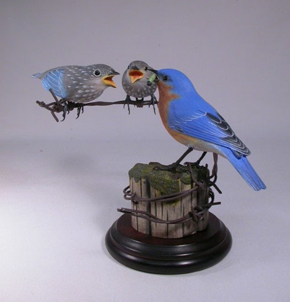 Eastern Bluebird Male With 2 Babies Hand Carved Wooden Bird - image 1