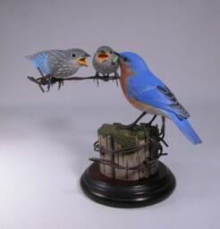 Eastern Bluebird Male With 2 Babies Hand Carved Wooden Bird