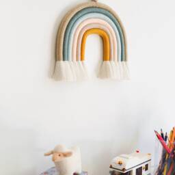 Pastel Macrame Rainbow Wall Hanging Gender Neutral Nursery Decor - thumbnail 3