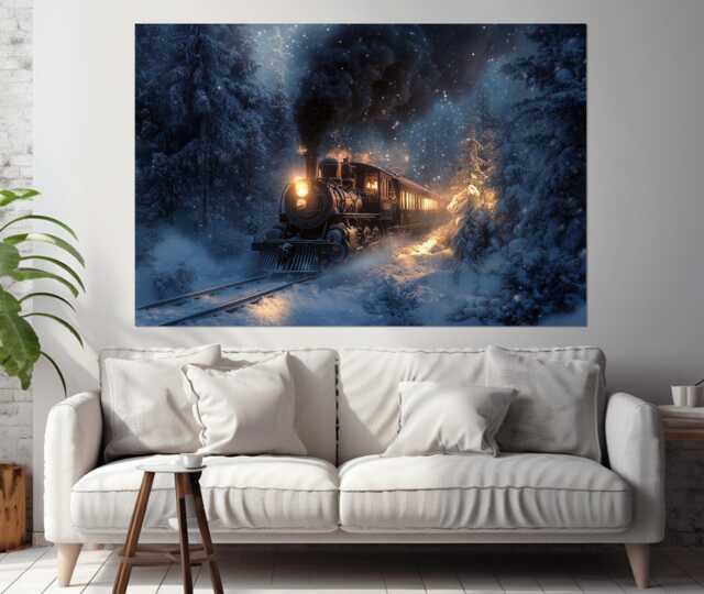 Retro Steam Train in Winter Forest Canvas Print, Painting, Art, Wall Art, Steam Poster - image 1