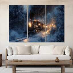 Retro Steam Train in Winter Forest Canvas Print, Painting, Art, Wall Art, Steam Poster - thumbnail 2