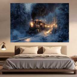 Retro Steam Train in Winter Forest Canvas Print, Painting, Art, Wall Art, Steam Poster - thumbnail 3