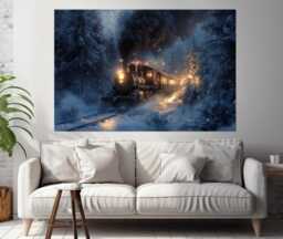 Retro Steam Train in Winter Forest Canvas Print, Painting, Art, Wall Art, Steam Poster - thumbnail 1